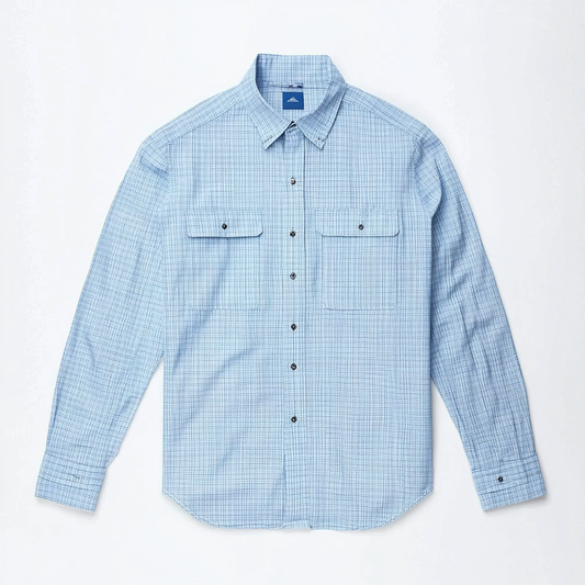 A long-sleeved shirt with small checkered patterns in light blue and white, designed for outdoor fishing activities. 